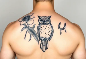 Flower, feather, Mardi Gras beads and a owl 
Arm sleeve tattoo idea