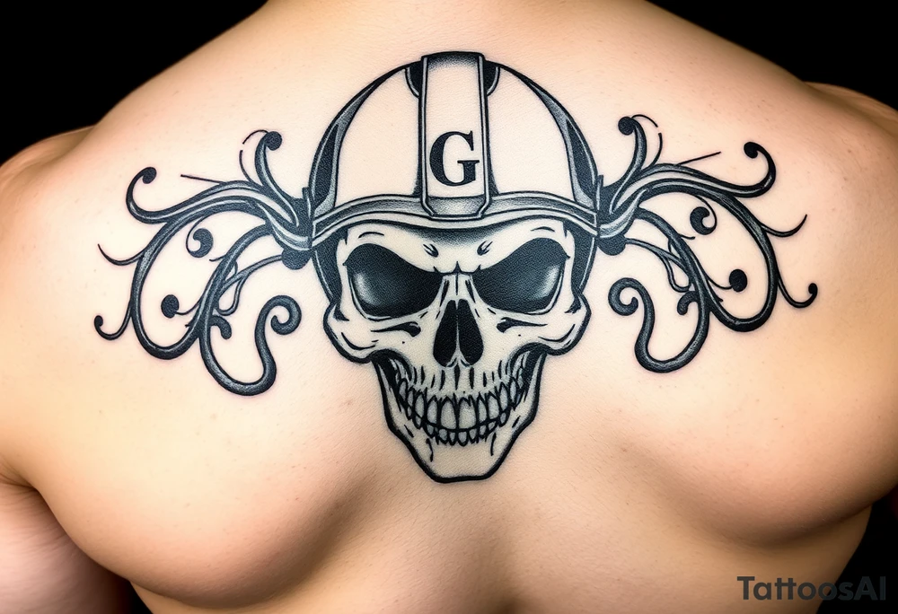 Skull with helmet initials GG tattoo idea