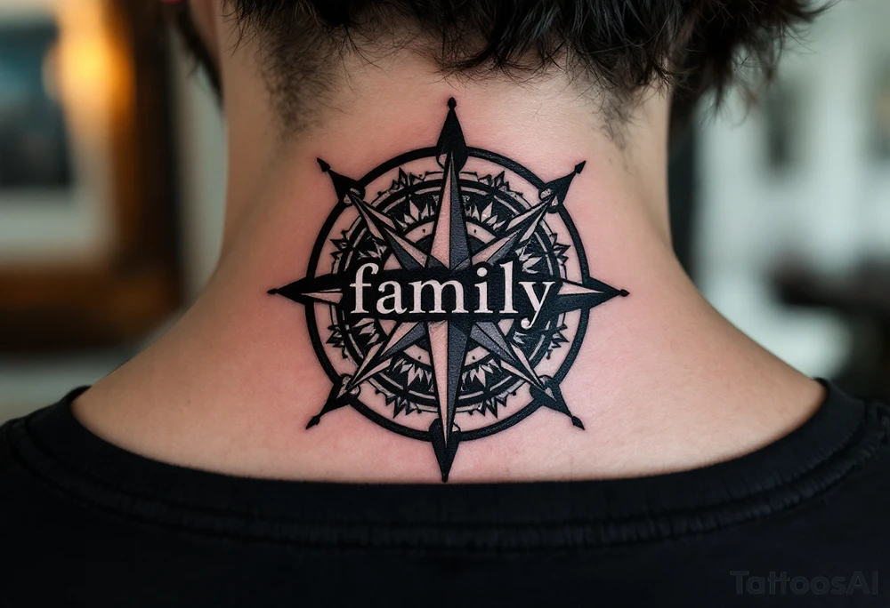 A classic black word "family" tattoo beneath a compass rose with deep navy and silver accents. tattoo idea