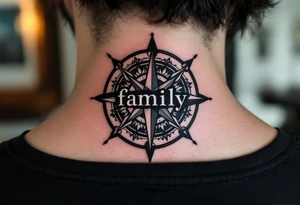A classic black word "family" tattoo beneath a compass rose with deep navy and silver accents. tattoo idea