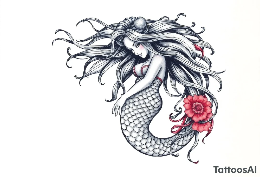 mermaid with flowing hair tattoo idea