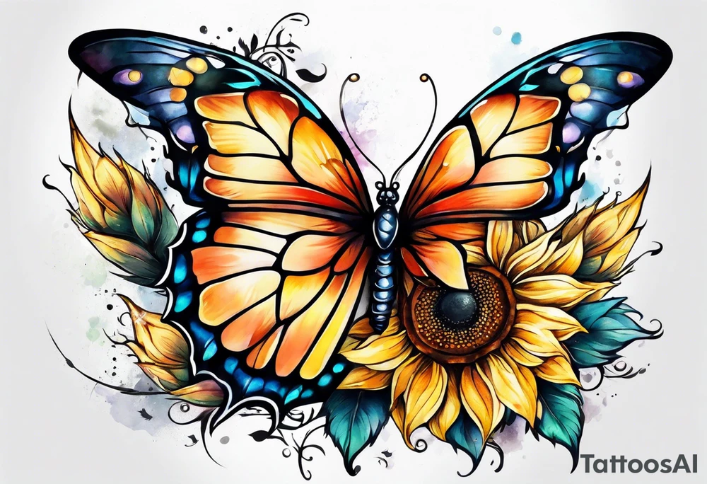 Sleeve with angel wings, sunflower and butterfly tattoo idea
