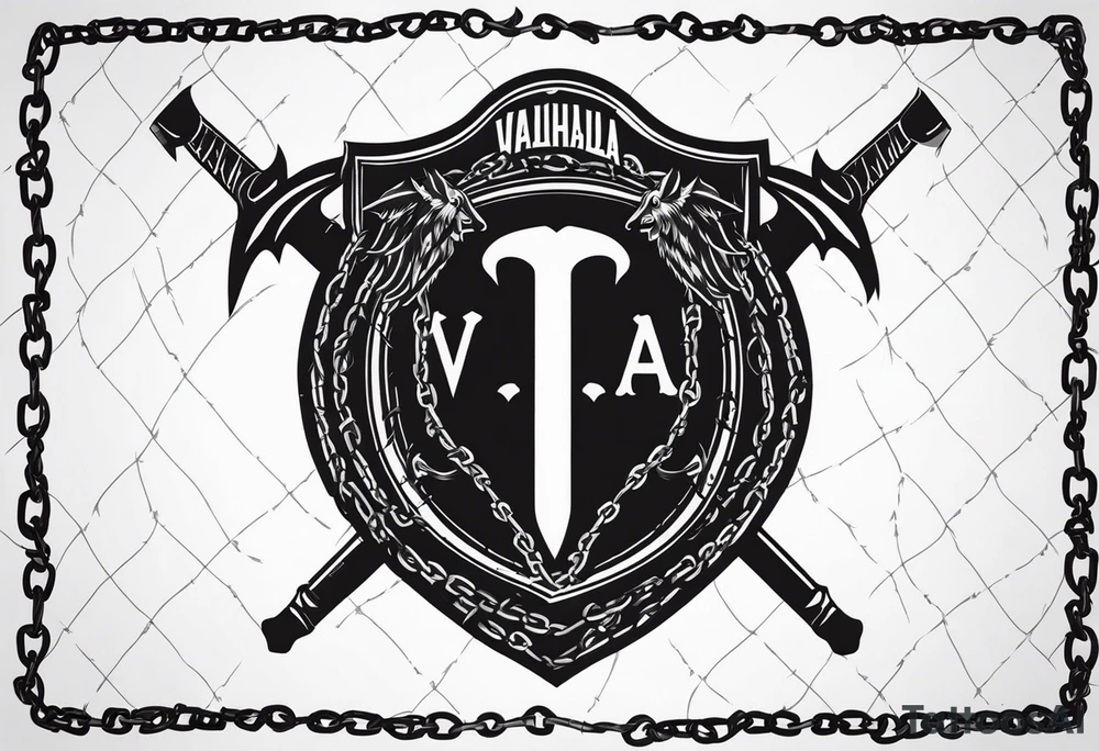 Valhalla round shield axe barbed wire chains tattoo idea