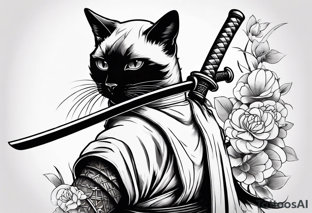 Siamese samurai cat holding a rusty katana tattoo idea