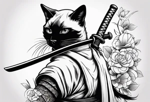 Siamese samurai cat holding a rusty katana tattoo idea