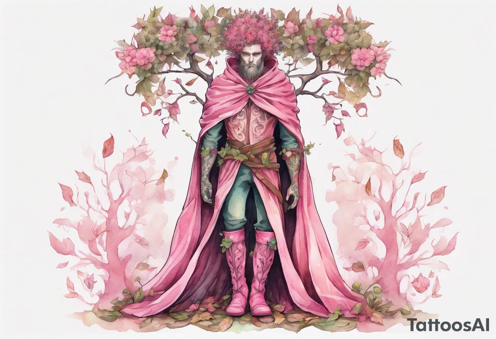 A tall, beautiful tree-man hybrid with flower hair and a cloak made of leaves. Wearing pink medieval boots. tattoo idea