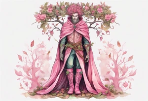 A tall, beautiful tree-man hybrid with flower hair and a cloak made of leaves. Wearing pink medieval boots. tattoo idea