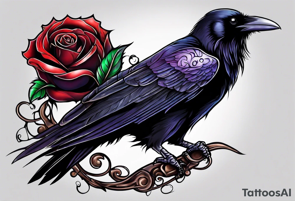 Raven looking back over shoulder with a rose underneath it tattoo idea