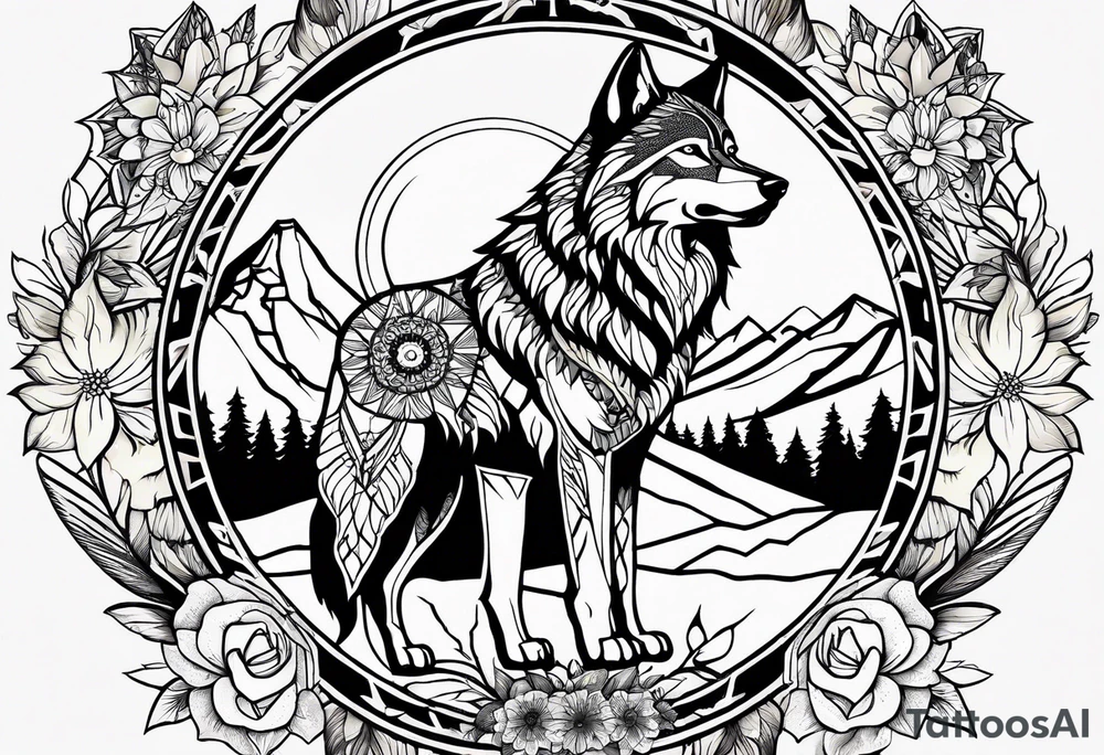 A whimsical wolf tattoo featuring mandala or dream catcher elements, with the wolf as the central focus. Show the wolves whole body standing surrounded by mountains in the background. Include flowers and nature elements to fill the space around the wolf. Some color but not completely solid bold color tattoo idea