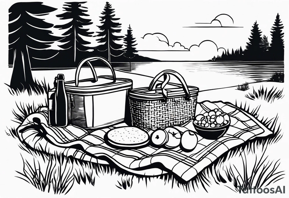 picnic scene in nature with a shecker blanket, a picnic basket and pillows. no food tattoo idea