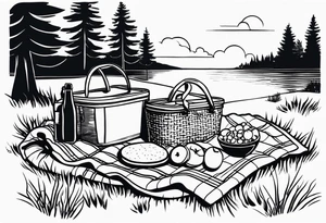 picnic scene in nature with a shecker blanket, a picnic basket and pillows. no food tattoo idea