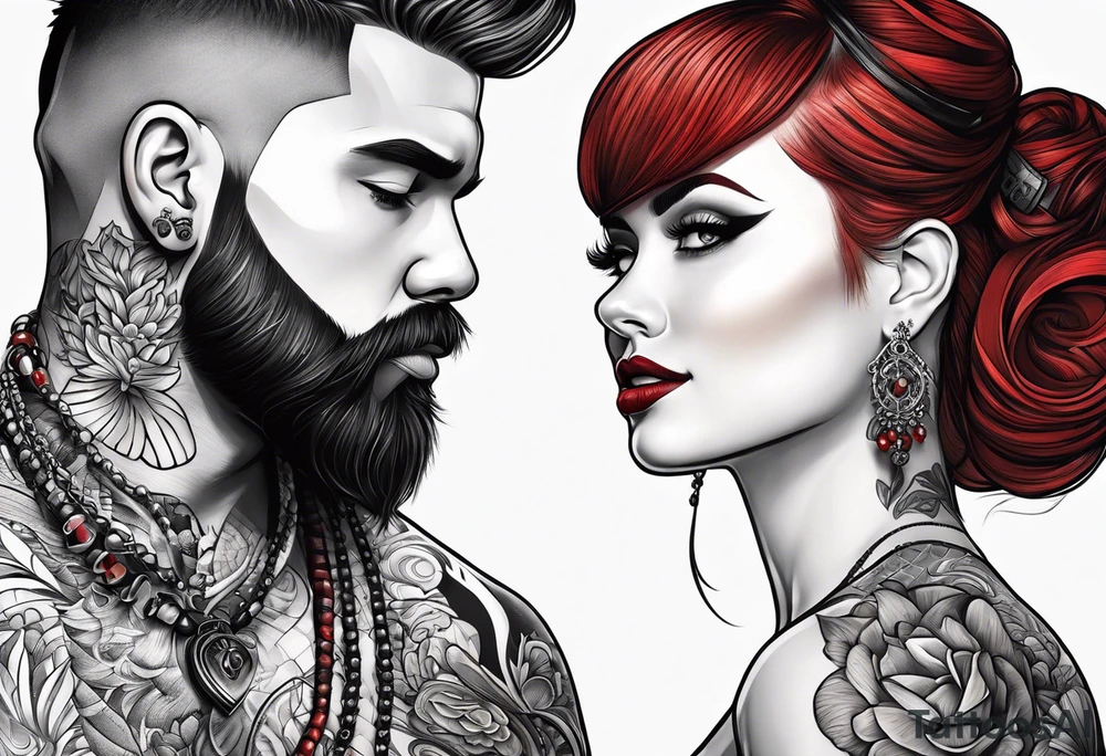 Busty Red haired woman with black haired bearded man tattoo idea
