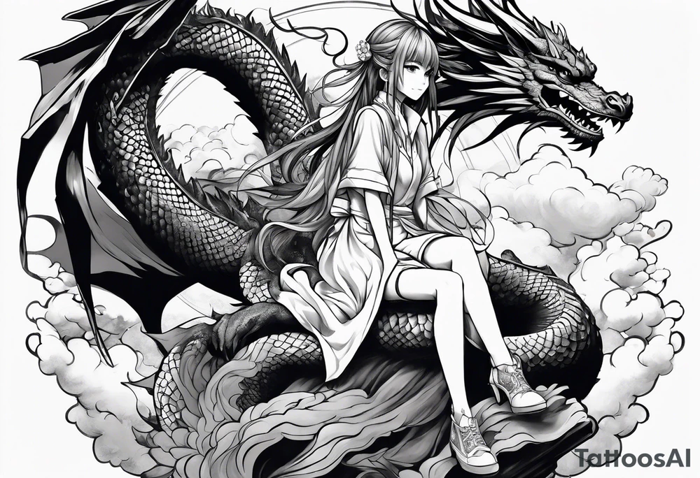 an anime girl sitting on a asian dragon surrounded by cloud tattoo idea
