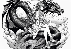 an anime girl sitting on a asian dragon surrounded by cloud tattoo idea