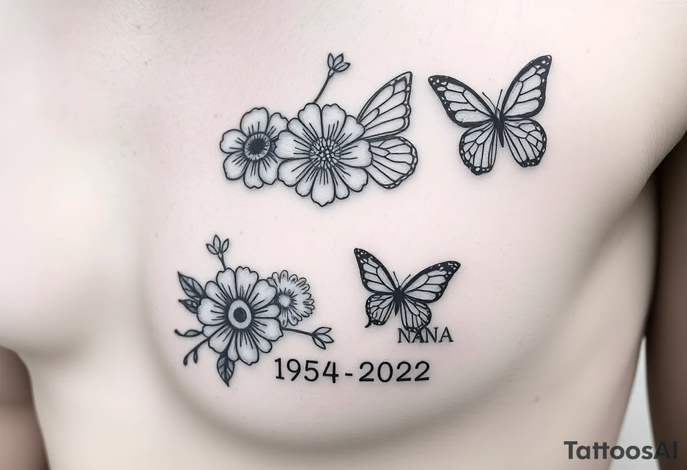 flowers and butterflies with the name “NANA” and the date “1954-2022” mixed all together on the side of the rib cage tattoo idea