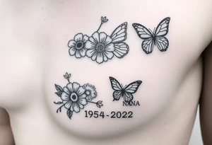 flowers and butterflies with the name “NANA” and the date “1954-2022” mixed all together on the side of the rib cage tattoo idea