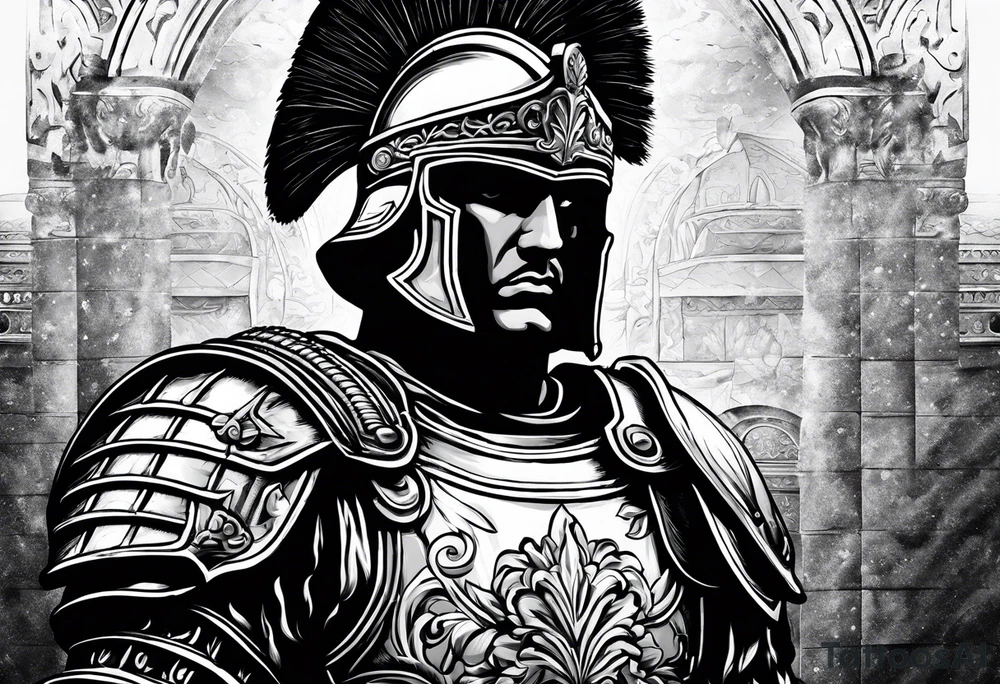a black and white illustration of a roman soldier from AD 60, wearing armor which must include an armoured belt, breastplate, armoured shoes, shield, helmet and sword.
the soldier must look strong. the soldier is faceless. tattoo idea