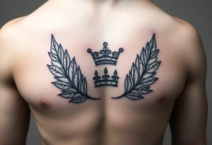 Chest tattoo, two bay leaf and crown between tattoo idea