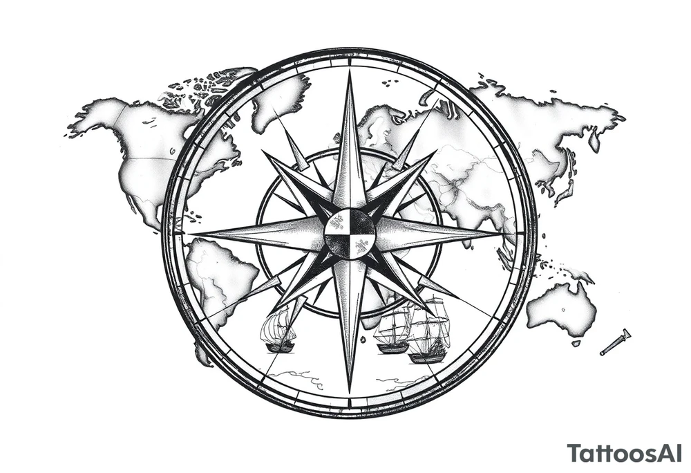 antique compass rose overlaid on weathered world map with sailing ships tattoo idea