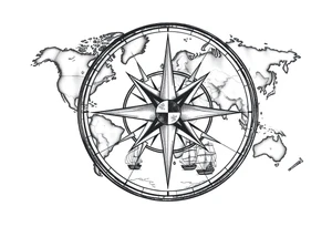 antique compass rose overlaid on weathered world map with sailing ships tattoo idea