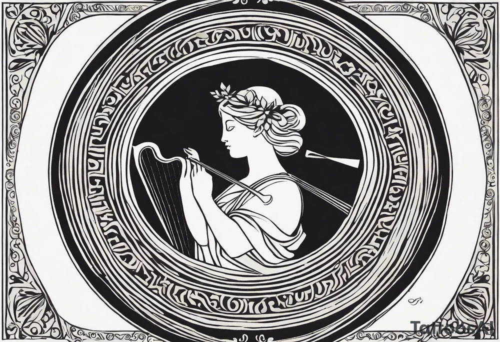 "Craft a minimalist round tattoo inspired by ancient Greek art, featuring Clio, the muse of history and lyre-playing. Design a circular composition with Clio depicted in the center, holding a scroll and a lyre. Surround her with simple yet symbolic elements such as laurel wreaths, scrolls, or geometric patterns reminiscent of ancient Greek pottery. Ensure the design maintains a minimalist style, with clean lines and limited detail, while capturing the essence of Clio's affinity for knowledge and the arts within the circular frame." tattoo idea