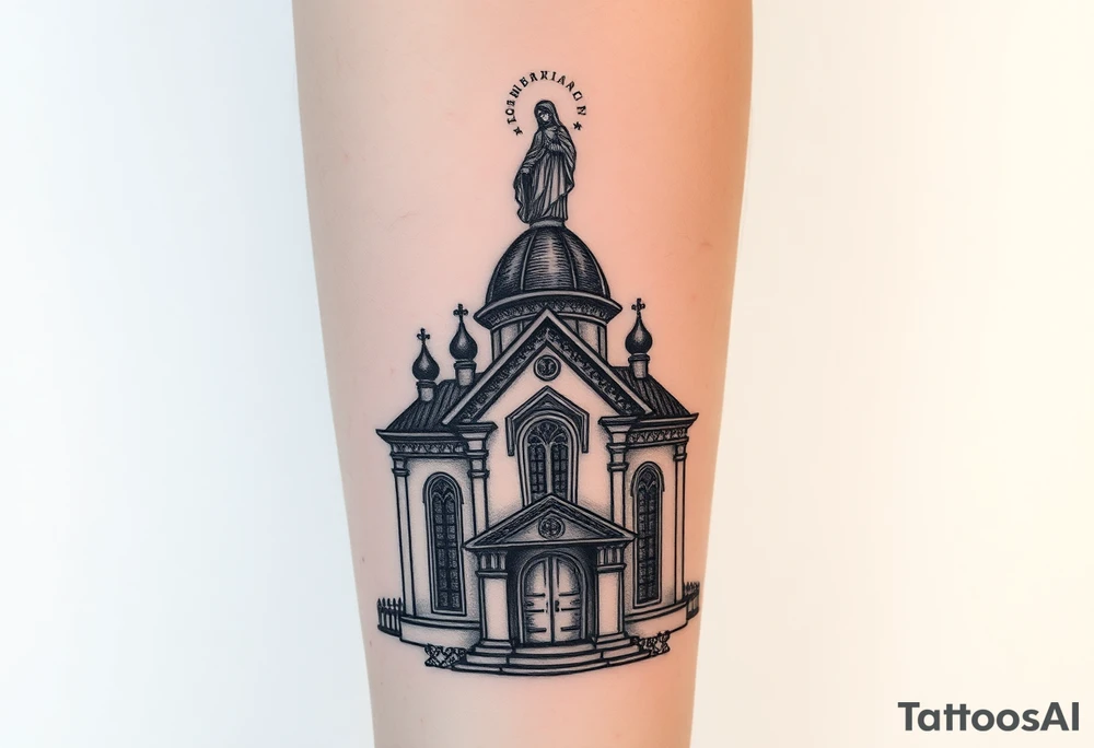 in a dorsal view a detailed orthodox church with a band at the front shrouded with a mist above and fading into a virgin mary overlooking above at the top tattoo idea