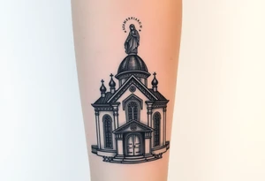 in a dorsal view a detailed orthodox church with a band at the front shrouded with a mist above and fading into a virgin mary overlooking above at the top tattoo idea