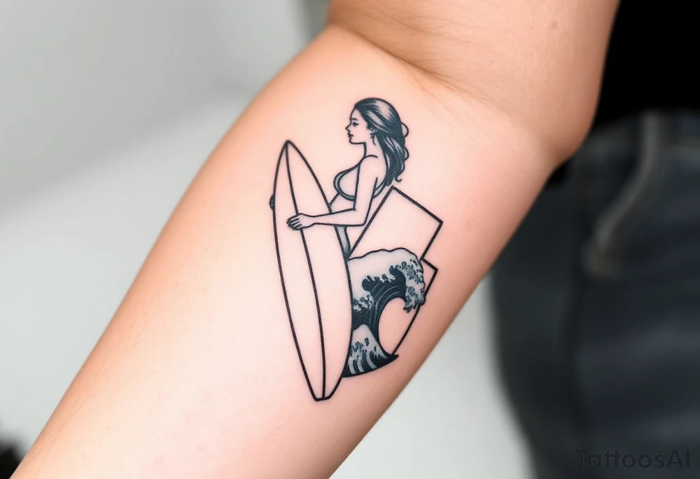 New school geometrical concept tattoo with the girl holding surfboard in a vertical position her face is turned 60 degrees to out side, the bottom part of a body is showed, on the right side of a tattoo is the realistic wave closed in a frame. And the bottom of a taro is a palenesiab sun. Link the objects based on new school geometry tattoos. tattoo idea