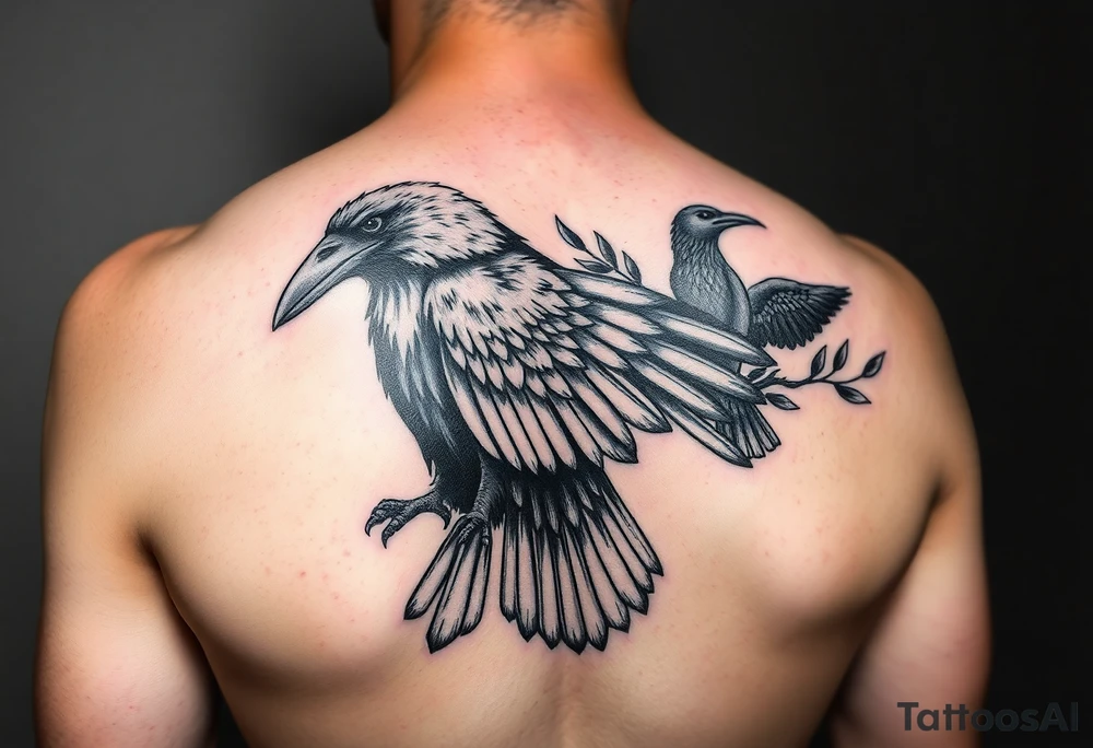 a raven holding a torch in its beak and a raven holding an olive tree in its beak tattoo idea