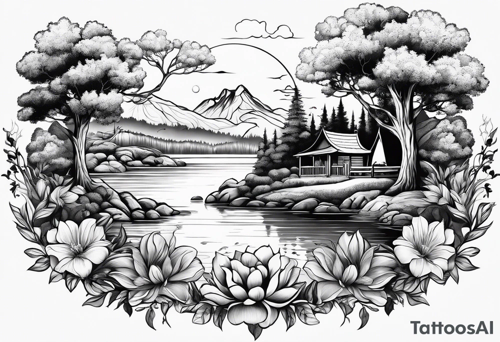 Peaceful nature scene with flowers, trees, animals and water tattoo idea