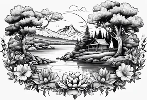 Peaceful nature scene with flowers, trees, animals and water tattoo idea