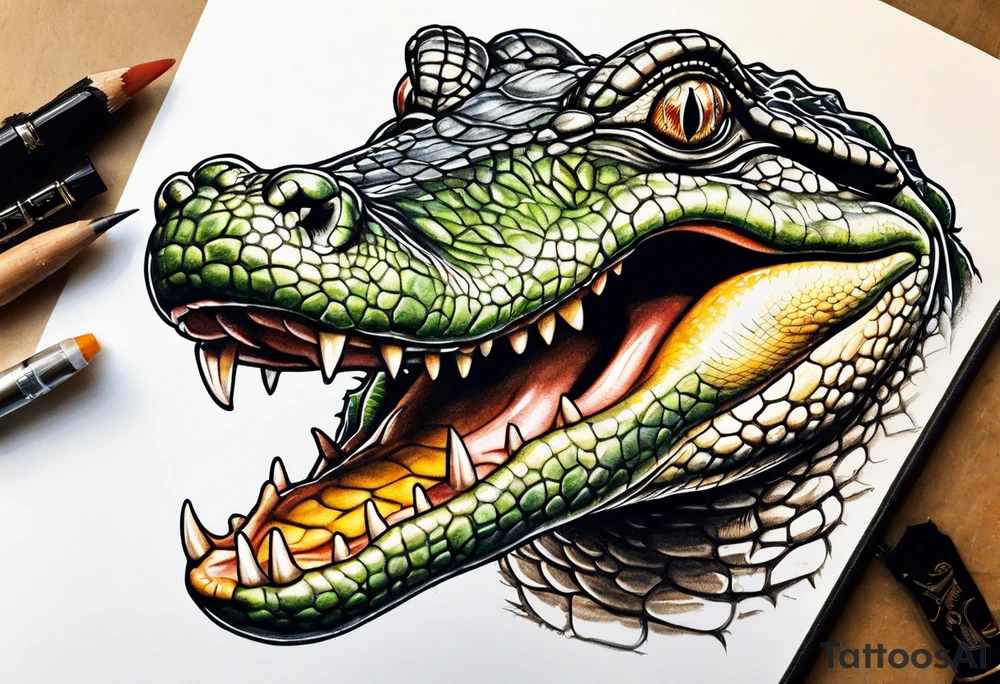 Alligator with its mouth open while a bird is standing on its teeth. Baby gators om the side looking at the bird tattoo idea