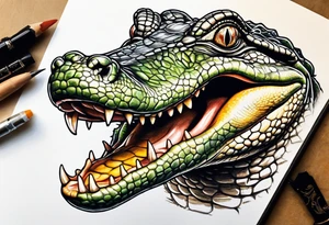Alligator with its mouth open while a bird is standing on its teeth. Baby gators om the side looking at the bird tattoo idea