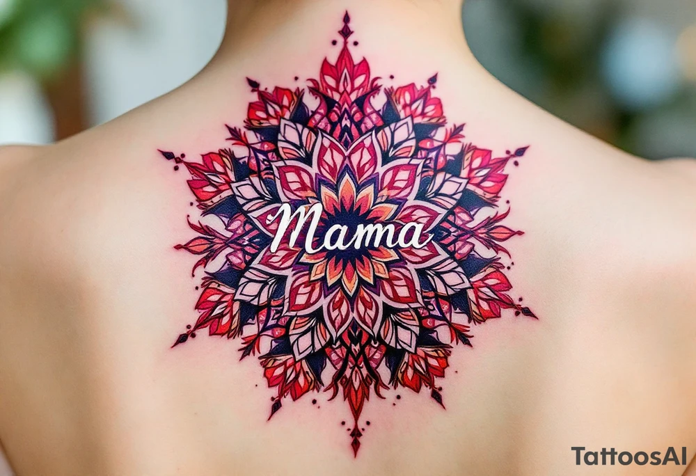 A vibrant mandala in reds and purples surrounding the word “Mama” in white ink. tattoo idea