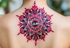 A vibrant mandala in reds and purples surrounding the word “Mama” in white ink. tattoo idea