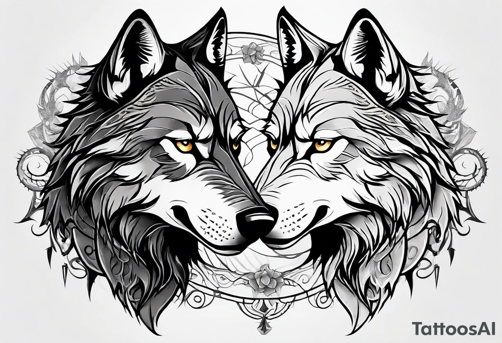 Two wolves face each other. They wolf snarls, surrounded by thorns. tattoo idea Two wolves face each other. They wolf snarls, surrounded by thorns. tattoo idea