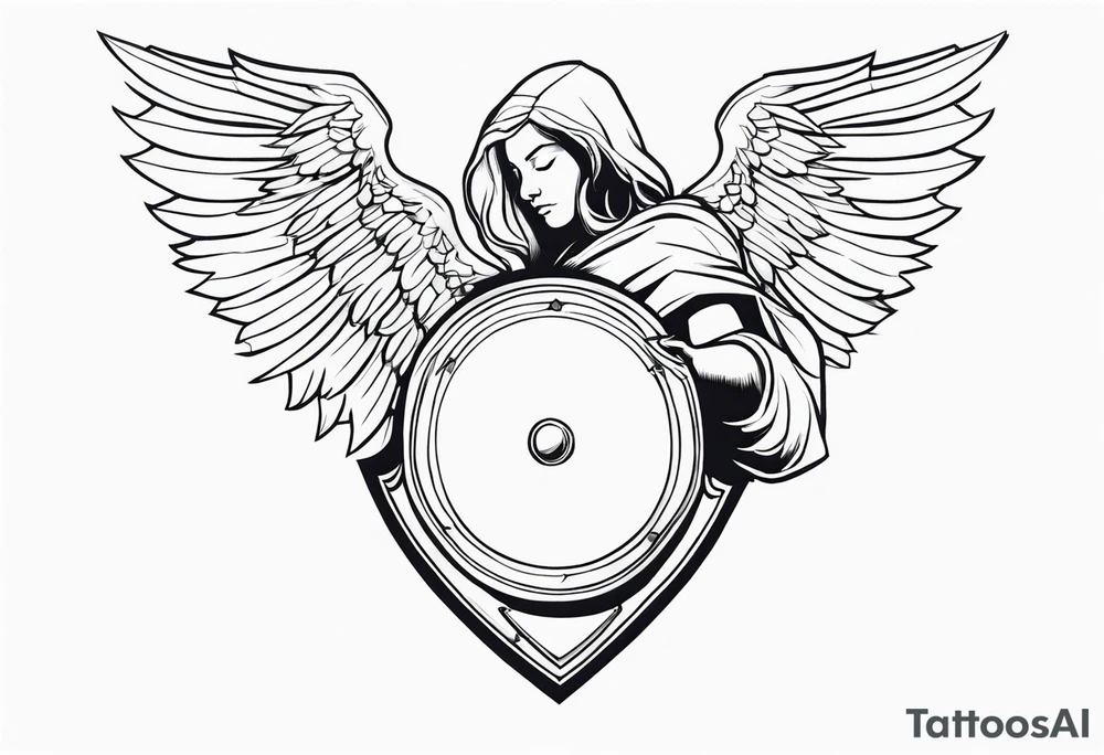 side view of crouched angel holding shield tattoo idea