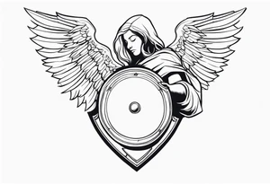 side view of crouched angel holding shield tattoo idea