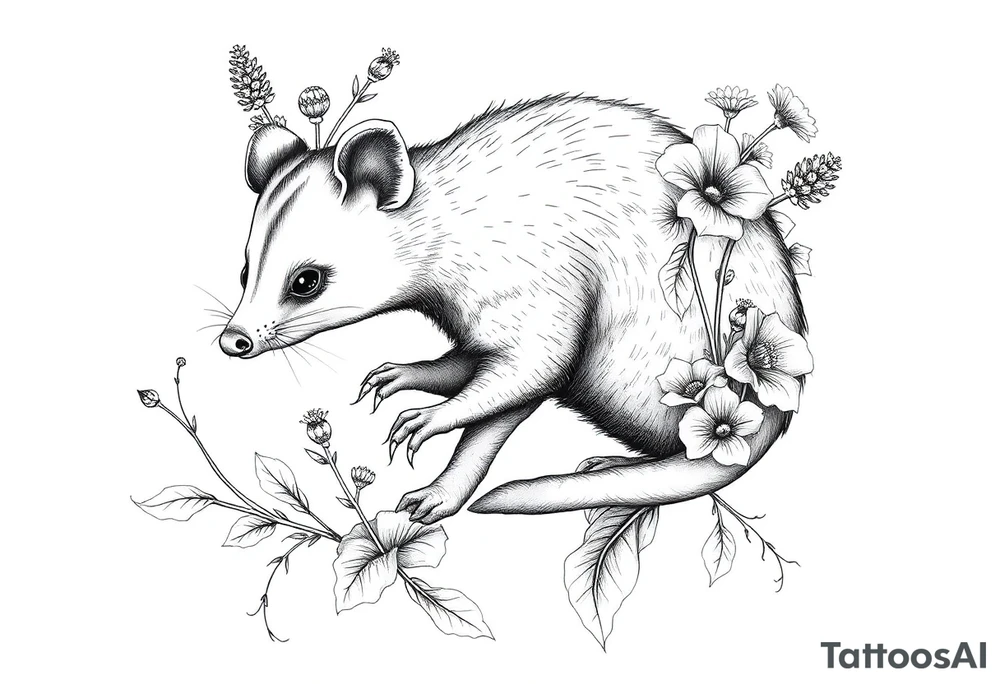 Opossum with lantanas and hellebores tattoo idea