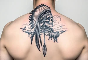 Traditional cherokee chief skeleton with spirit animals in the sky and moon and hazy clouds in the backdrop tattoo idea