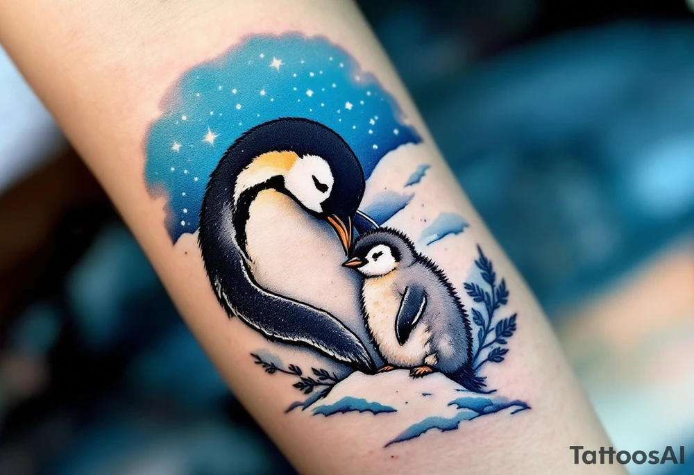 A penguin mother in black and white cuddling her chick in a snowy blue background shows warmth and constant presence. tattoo idea