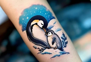 A penguin mother in black and white cuddling her chick in a snowy blue background shows warmth and constant presence. tattoo idea