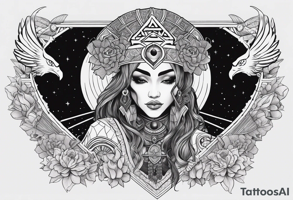 kali ma, alien goddess, valkrye, aries, pirate, divine feminine, zenza resonance, pachamama, lotus azul, blank panther, eagle, skull, 5D, nueva gaya, dna 12 tattoo idea