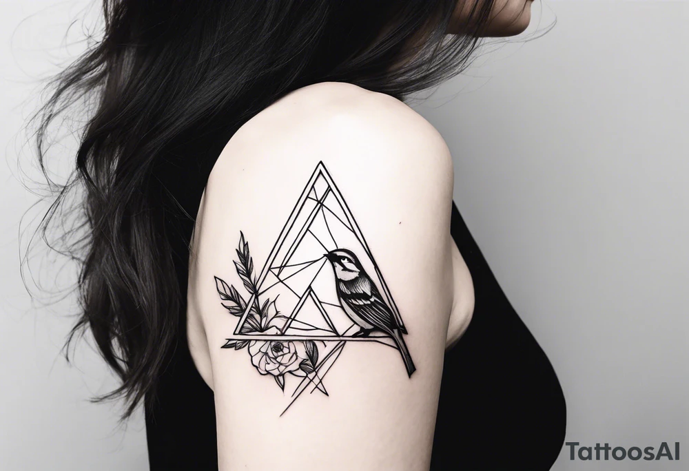 Concept tattoo including a sparrow, resurrection plant, child profile and 2 triangles. Connect these with lines and circles. Starts at shoulder and goes to just above the bend in the arm.  Use the style of @pmtsketch as a reference. tattoo idea