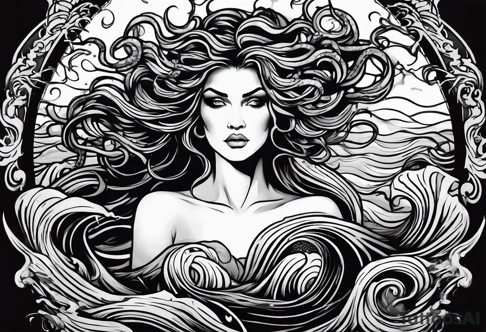 stormy sea waves, a woman in the middle of a storm, Medusa the Gorgon tattoo idea