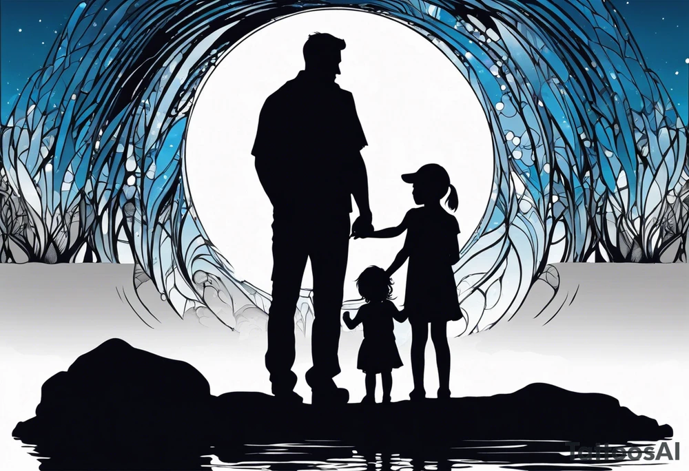Silhouette of father standing in between daughter and younger son in front of water with reflection and waterfall with the waterfall only being blue. Everything else black and white. 6 year old daughter on one side and 2 year old son on the other side of the father. Moon with reflection tattoo idea