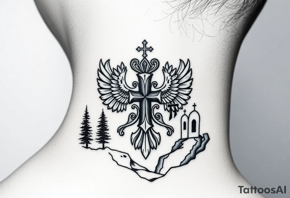 russian coat arms in a russian christian orthodox cross with the cross in the middle with a virgin mary & orthodox dome church on the side of the neck in a wilderness setting tattoo idea