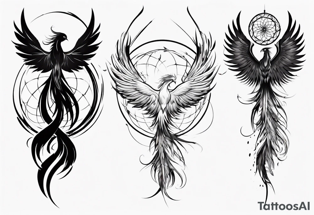 Vertical angry flying Phoenix with wings blending into circles and a long abstract dream catcher feather tail tattoo idea