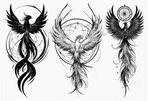 Vertical angry flying Phoenix with wings blending into circles and a long abstract dream catcher feather tail tattoo idea