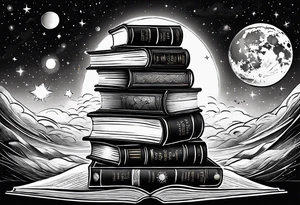 Stack of books with a universe sky and moons, the top book is open and has things coming alive from it tattoo idea